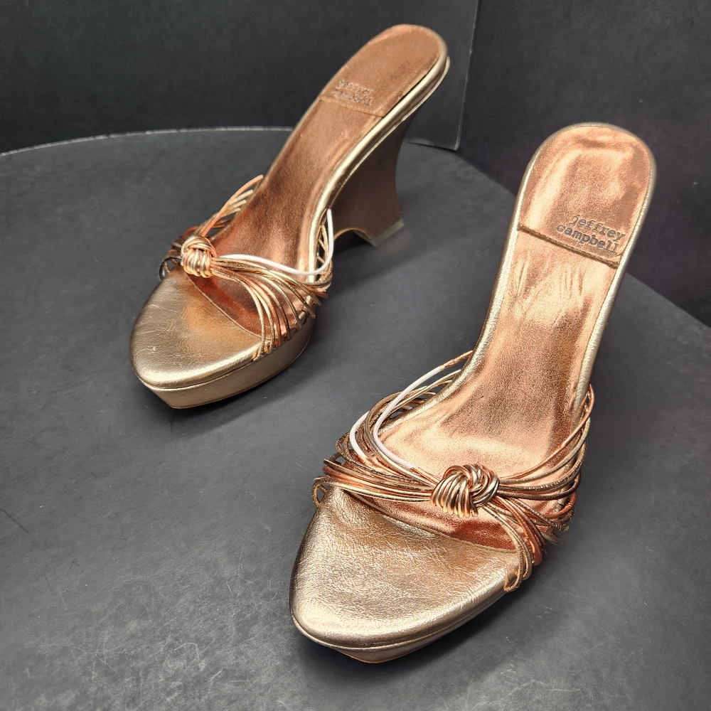Jeffrey Campbell Metallic Rose Gold Knot-Front Wedge Sandals